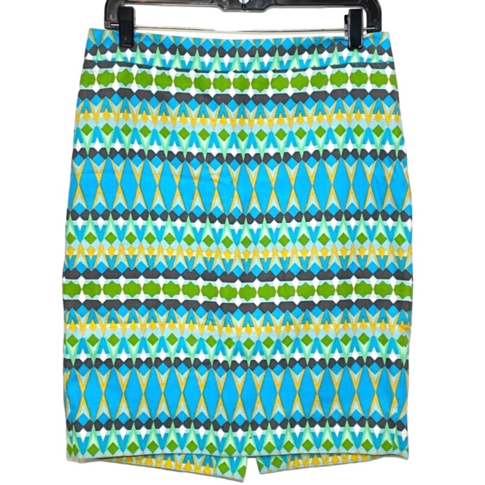 J Crew Pencil Skirt Turquoise And Green Cotton Print, Size 6 EUC